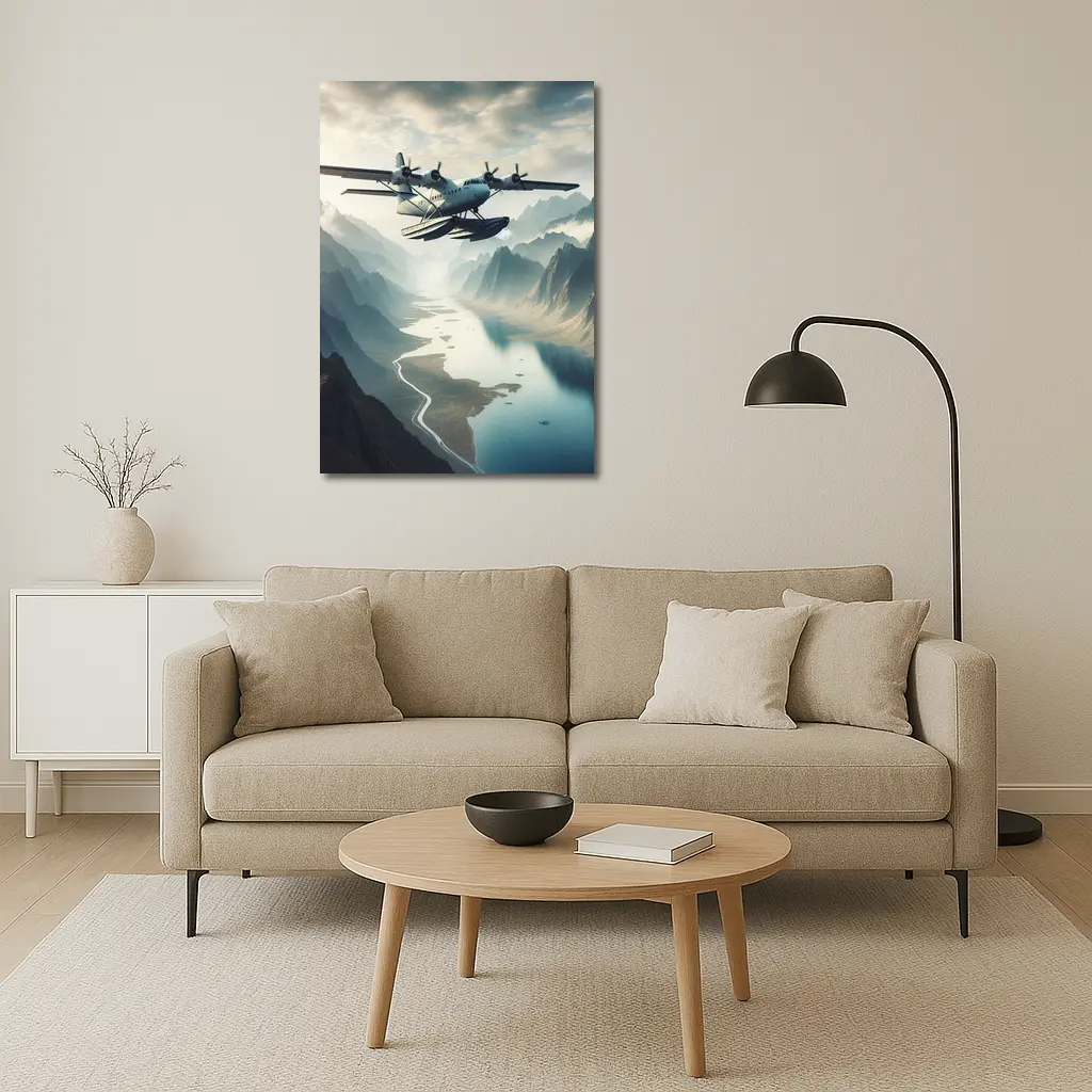 Seaplane Flying Over Mountain River Valley – Wall Art