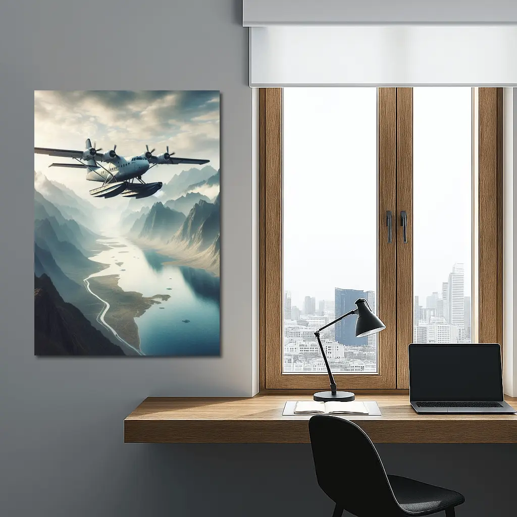 Seaplane Flying Over Mountain River Valley – Wall Art