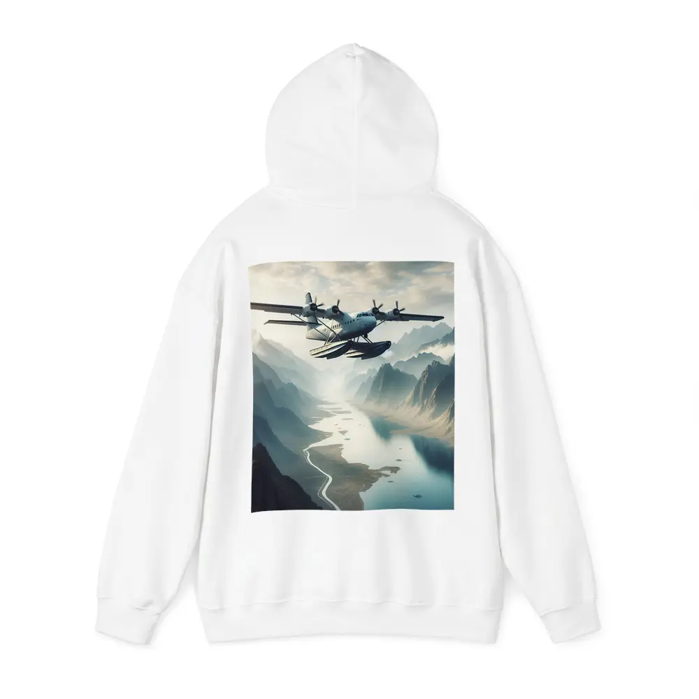 Seaplane Flying Over Mountain River Valley – Hoodies