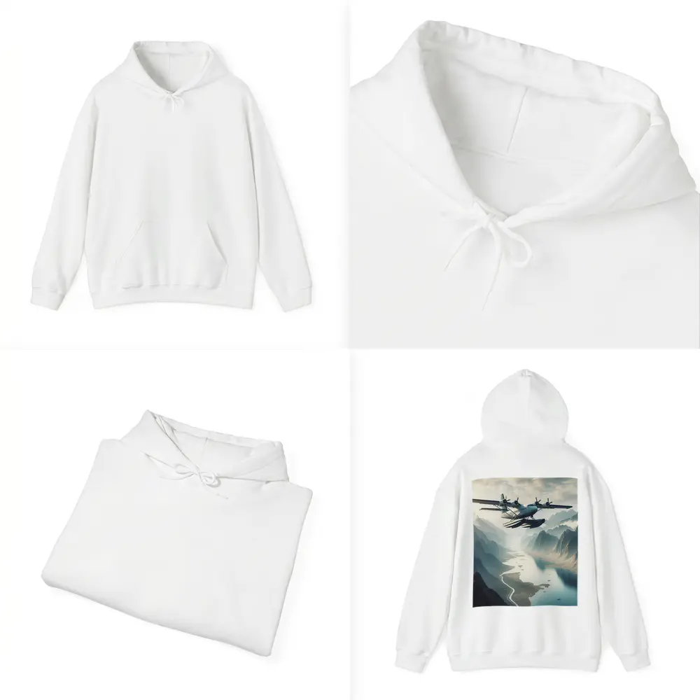 Seaplane Flying Over Mountain River Valley – Hoodies