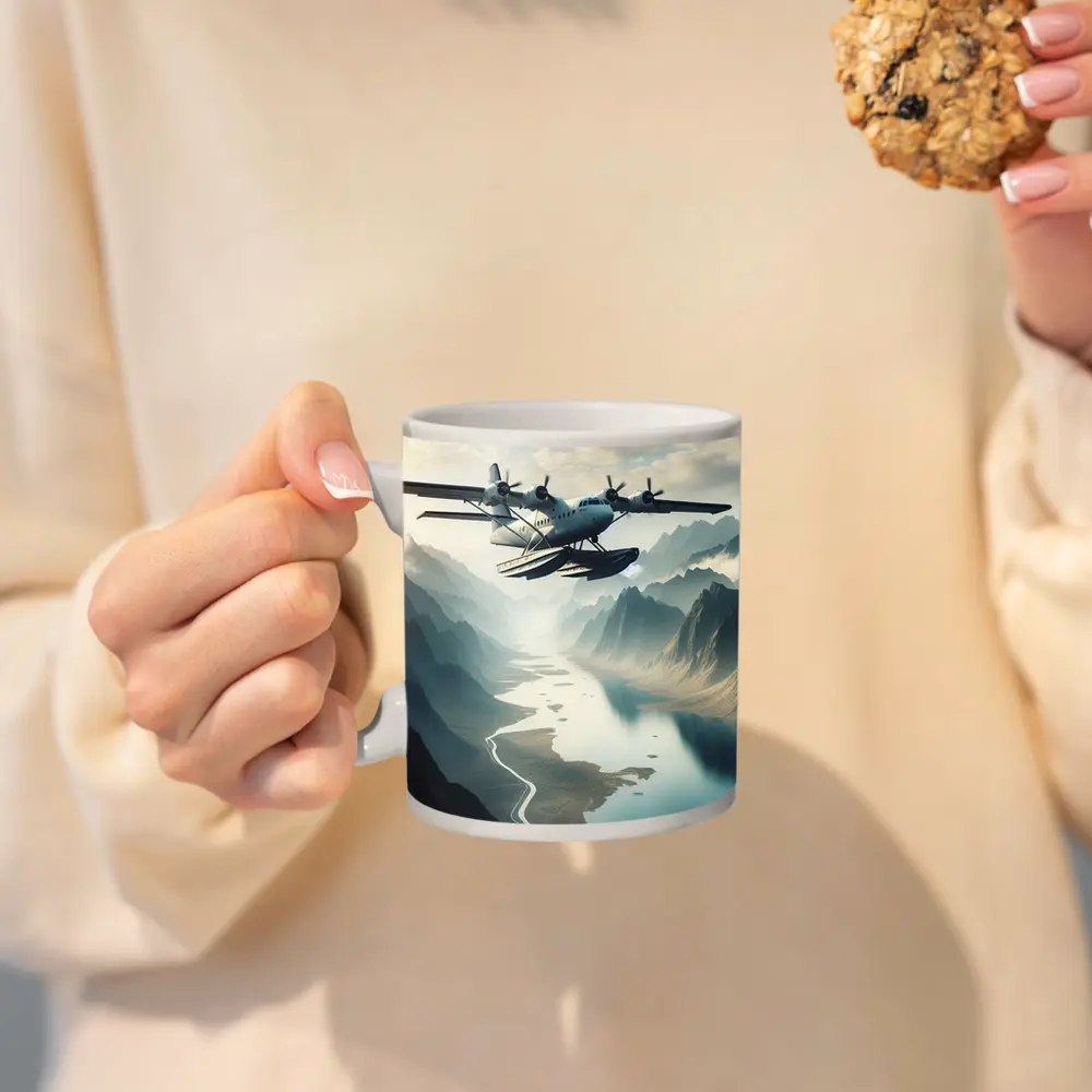 Seaplane Flying Over Mountain River Valley – Mugs