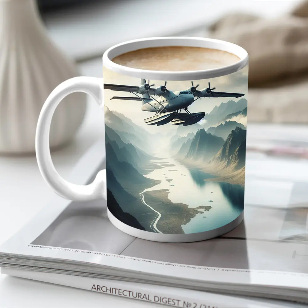 Seaplane Flying Over Mountain River Valley – Mugs