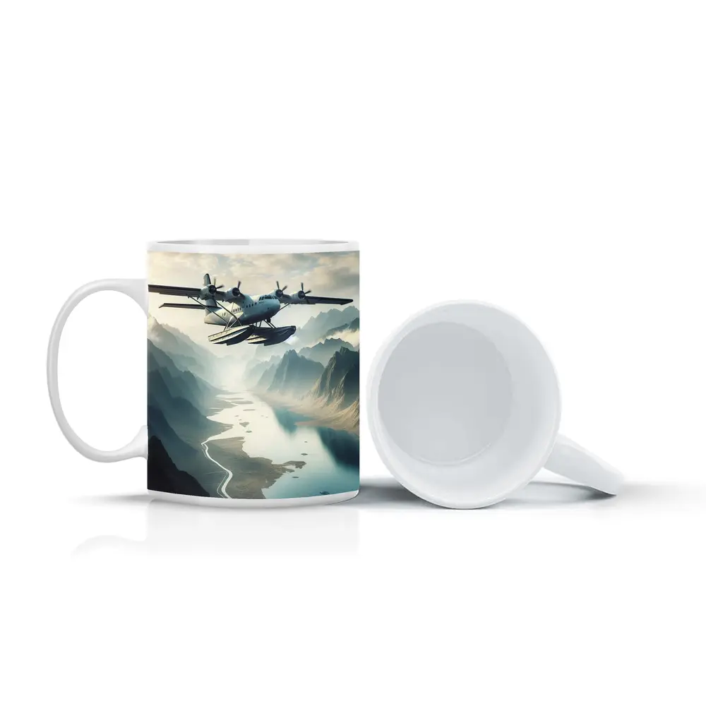 Seaplane Flying Over Mountain River Valley – Mugs