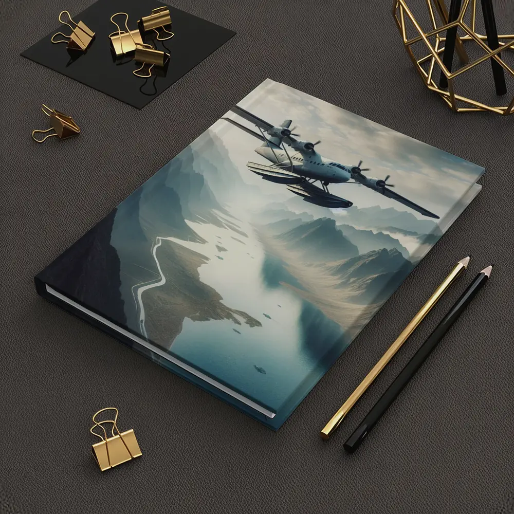 Seaplane Flying Over Mountain River Valley – Notebooks