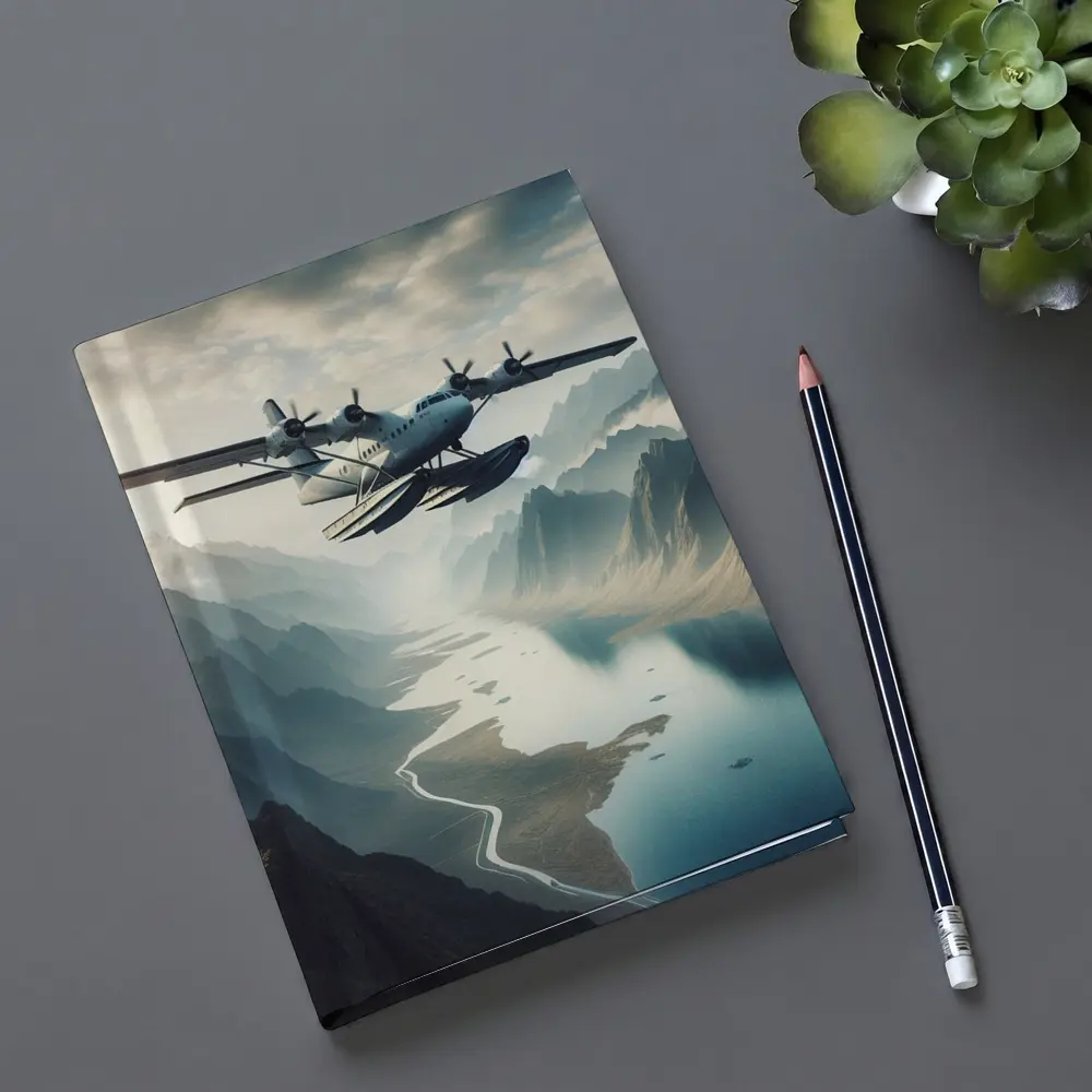 Seaplane Flying Over Mountain River Valley – Notebooks