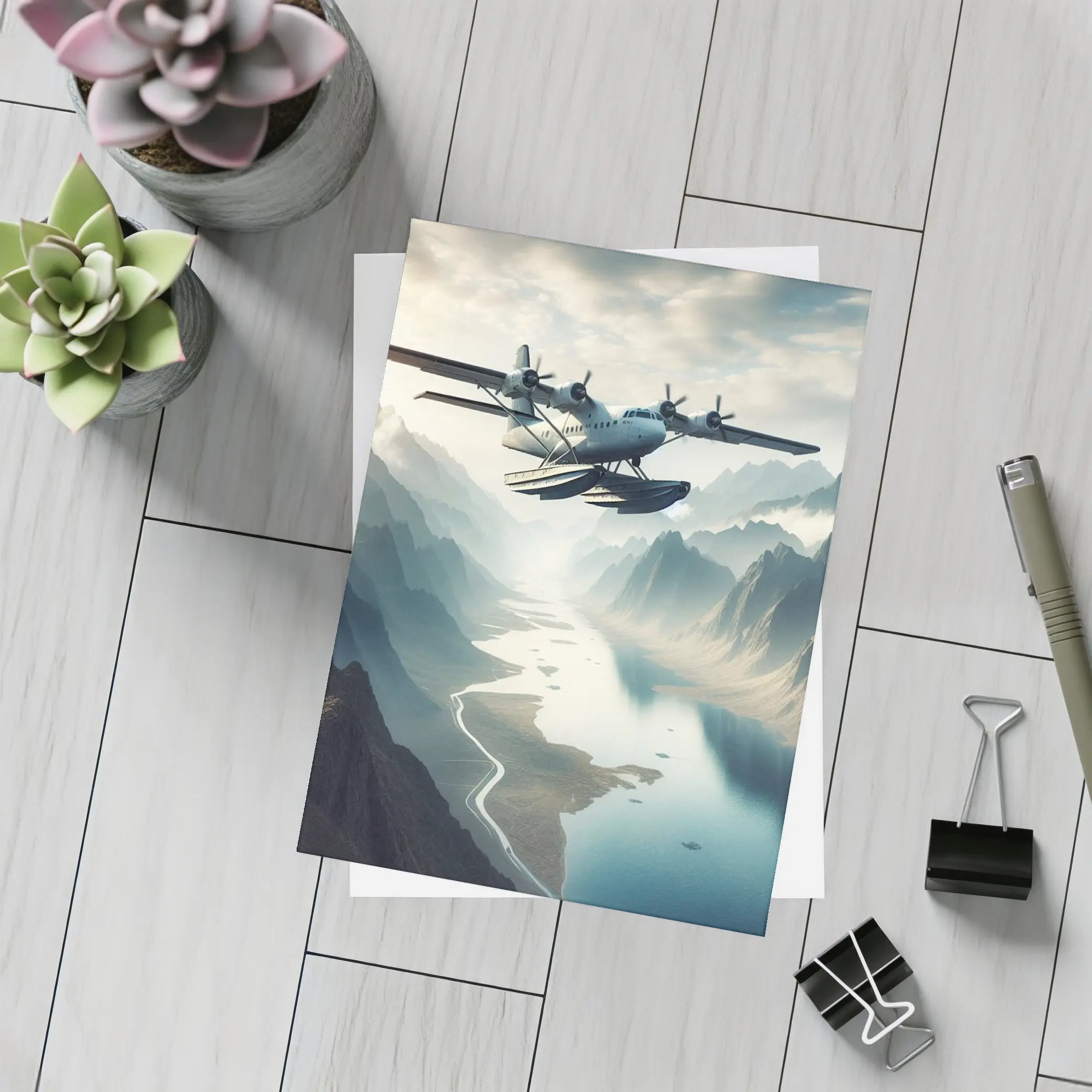 Seaplane Flying Over Mountain River Valley – Postcards