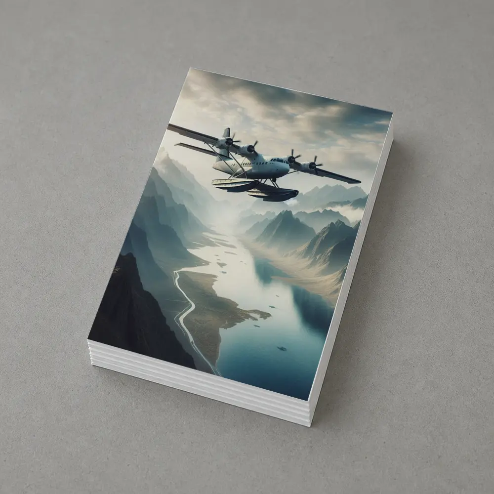 Seaplane Flying Over Mountain River Valley – Postcards