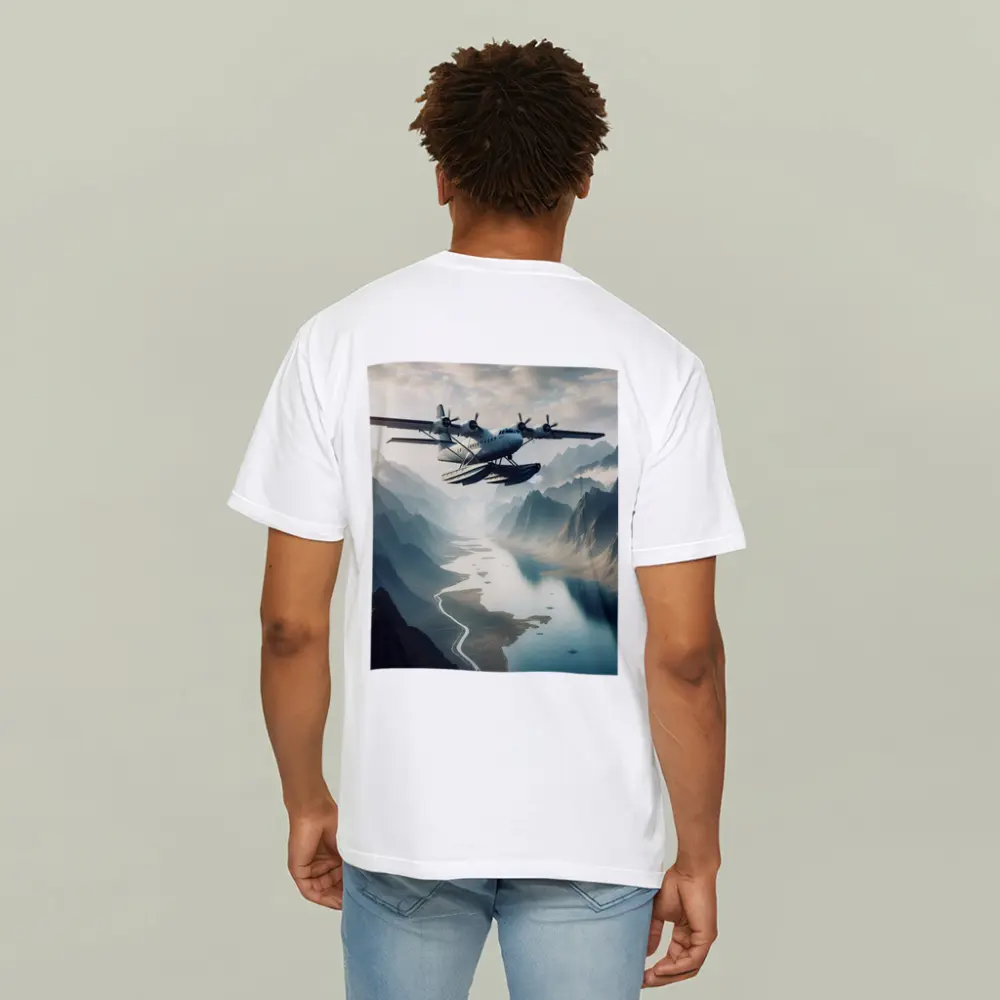 Seaplane Flying Over Mountain River Valley – T-Shirts