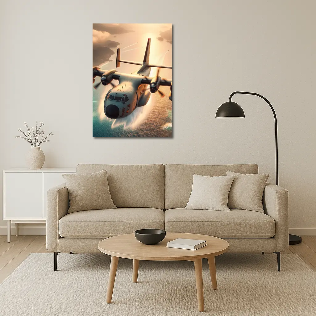C-130 Hercules Flying Over Coastal Waters – Wall Art