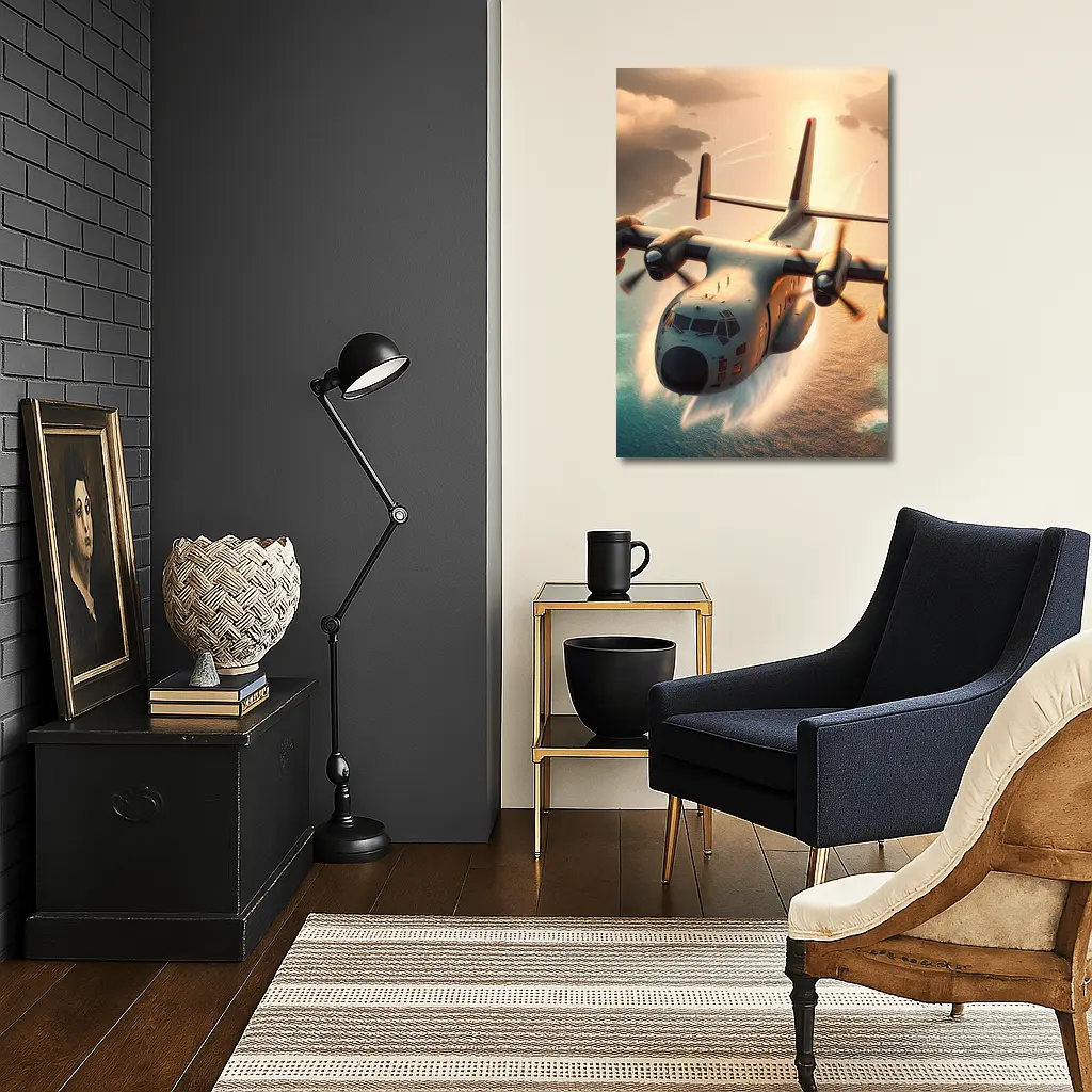 C-130 Hercules Flying Over Coastal Waters – Wall Art