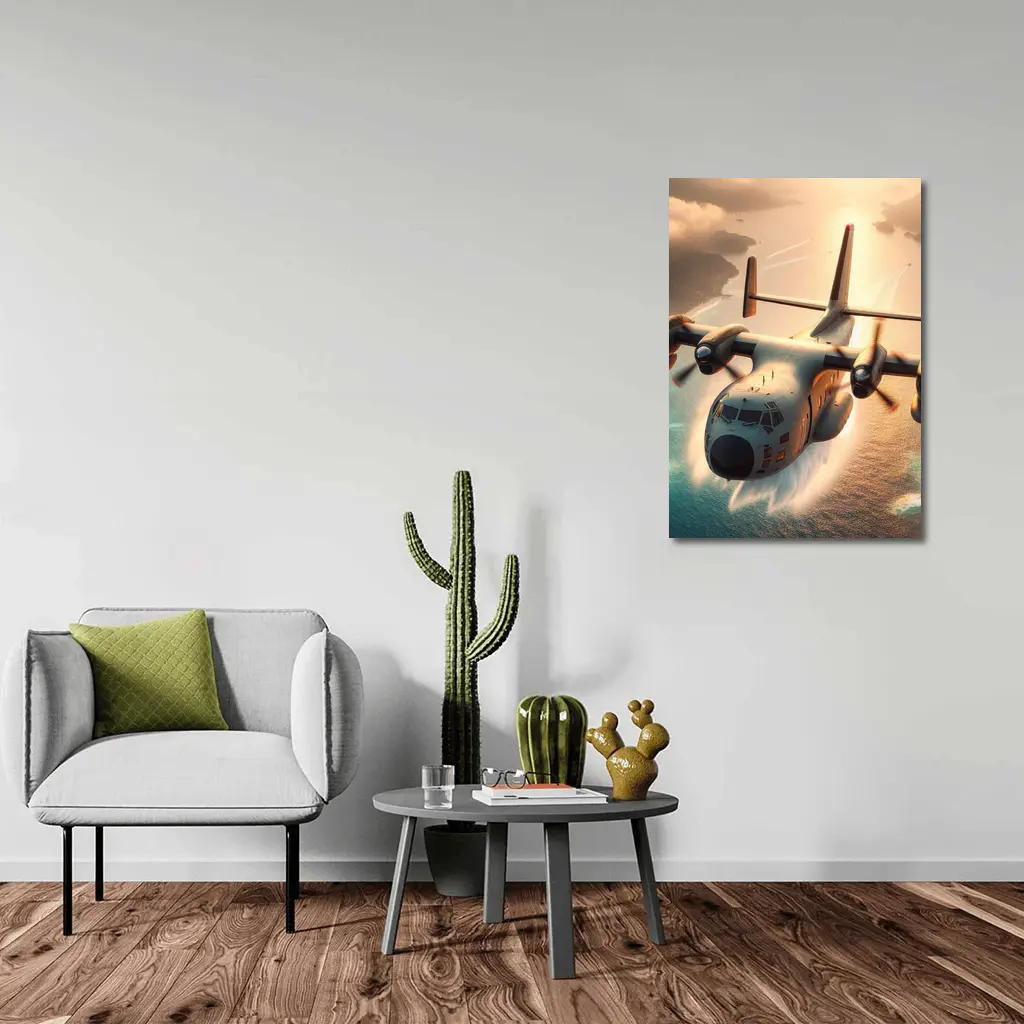 C-130 Hercules Flying Over Coastal Waters – Wall Art