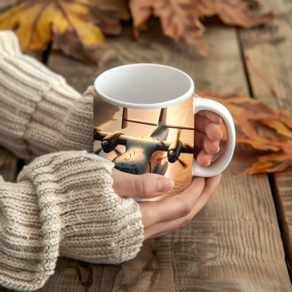 C-130 Hercules Flying Over Coastal Waters – Mugs