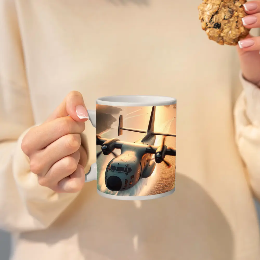 C-130 Hercules Flying Over Coastal Waters – Mugs