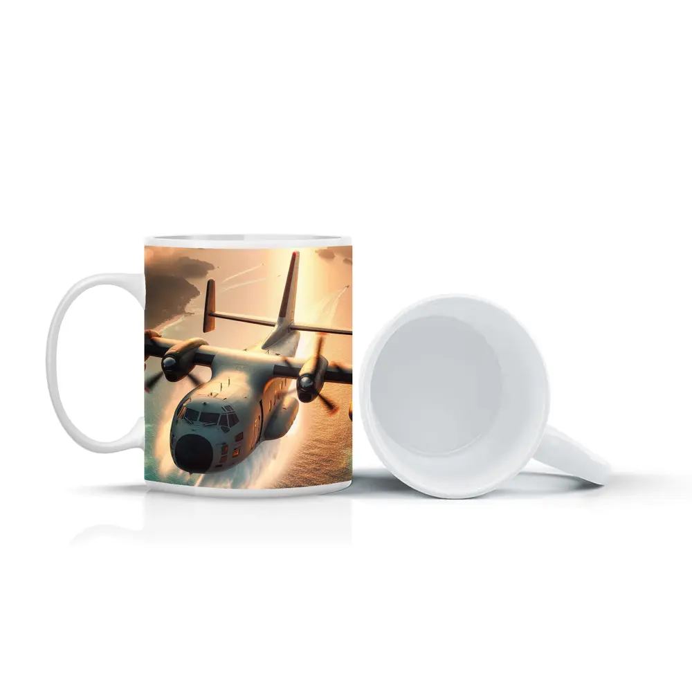 C-130 Hercules Flying Over Coastal Waters – Mugs