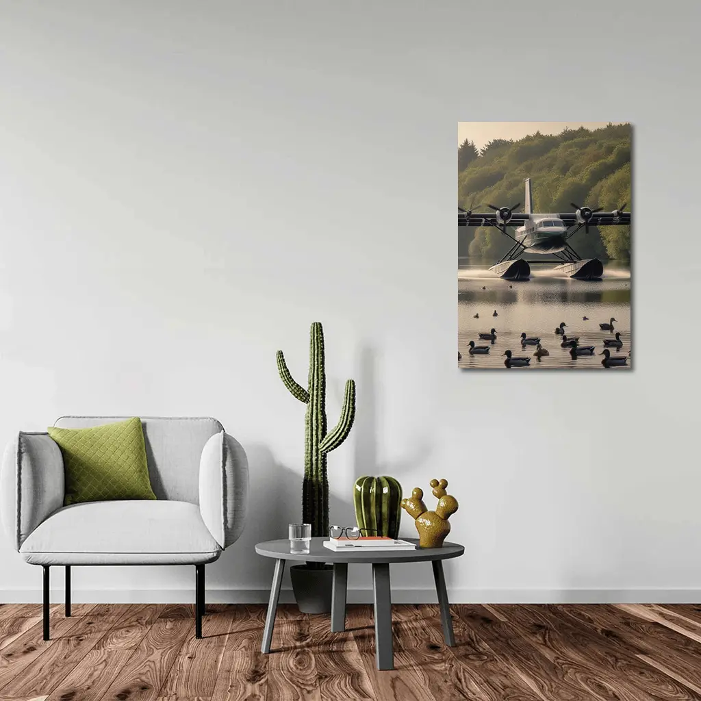 Seaplane Landing On Calm Lake With Ducks – Wall Art