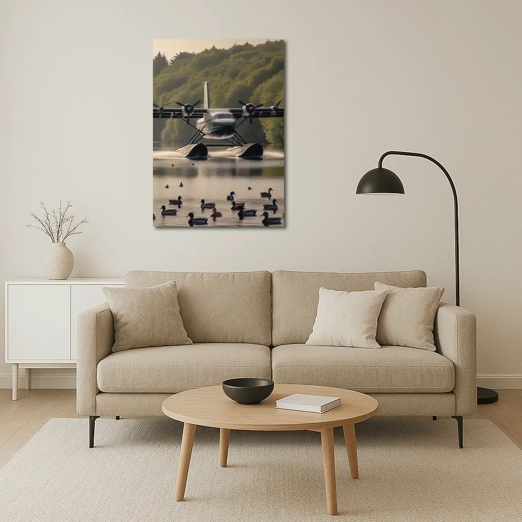 Seaplane Landing On Calm Lake With Ducks – Wall Art