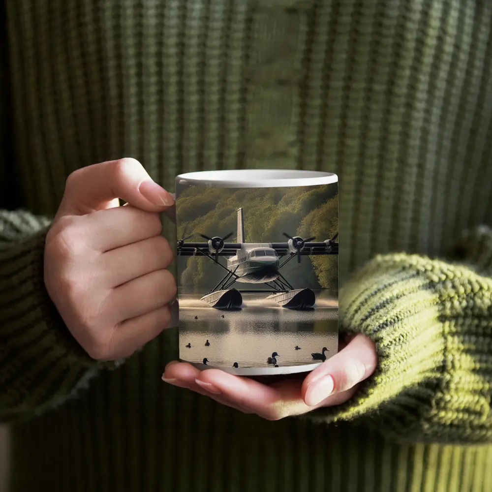 Seaplane Landing On Calm Lake With Ducks – Mugs