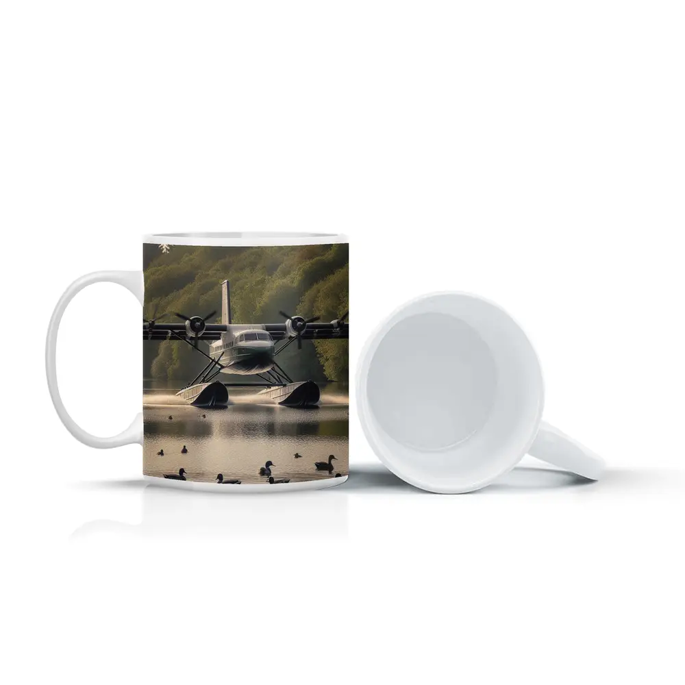 Seaplane Landing On Calm Lake With Ducks – Mugs
