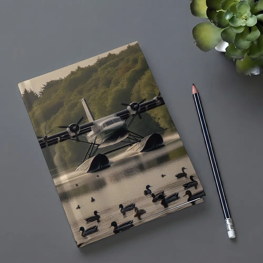 Seaplane Landing On Calm Lake With Ducks – Notebooks