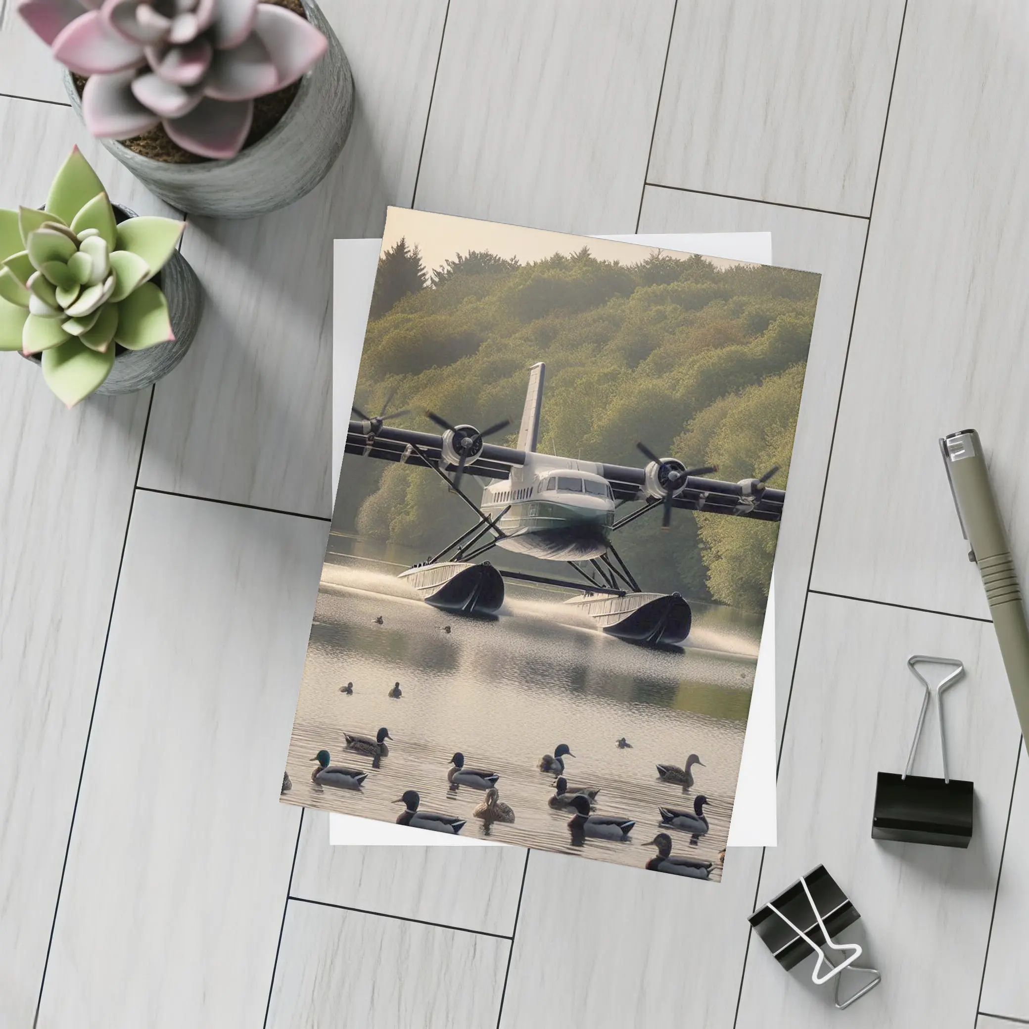 Seaplane Landing On Calm Lake With Ducks – Postcards