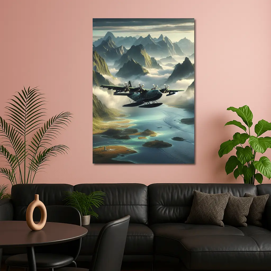 Seaplane Flying Over Misty Mountain Archipelago – Wall Art