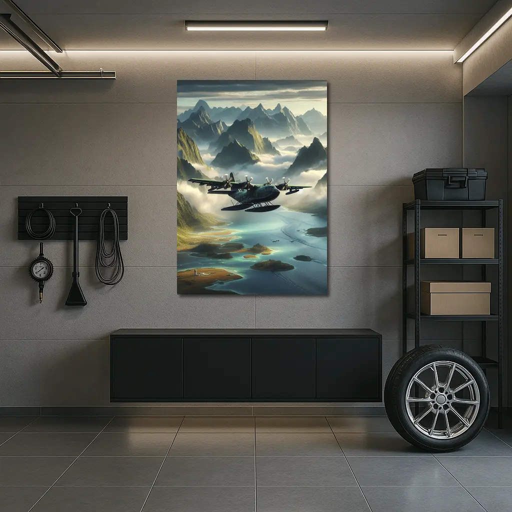 Seaplane Flying Over Misty Mountain Archipelago – Wall Art