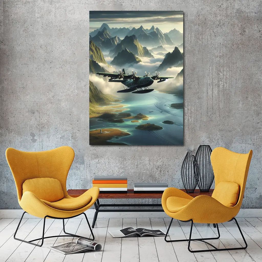 Seaplane Flying Over Misty Mountain Archipelago – Wall Art