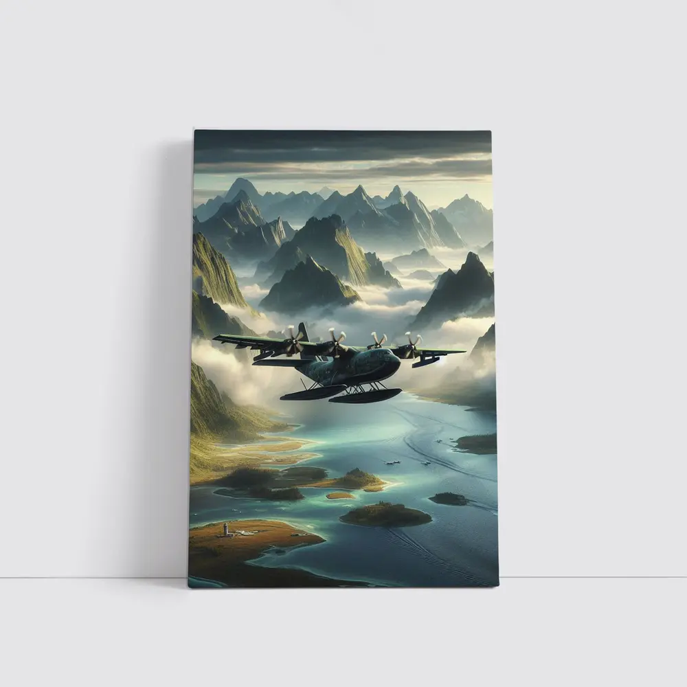 Seaplane Flying Over Misty Mountain Archipelago – Wall Art