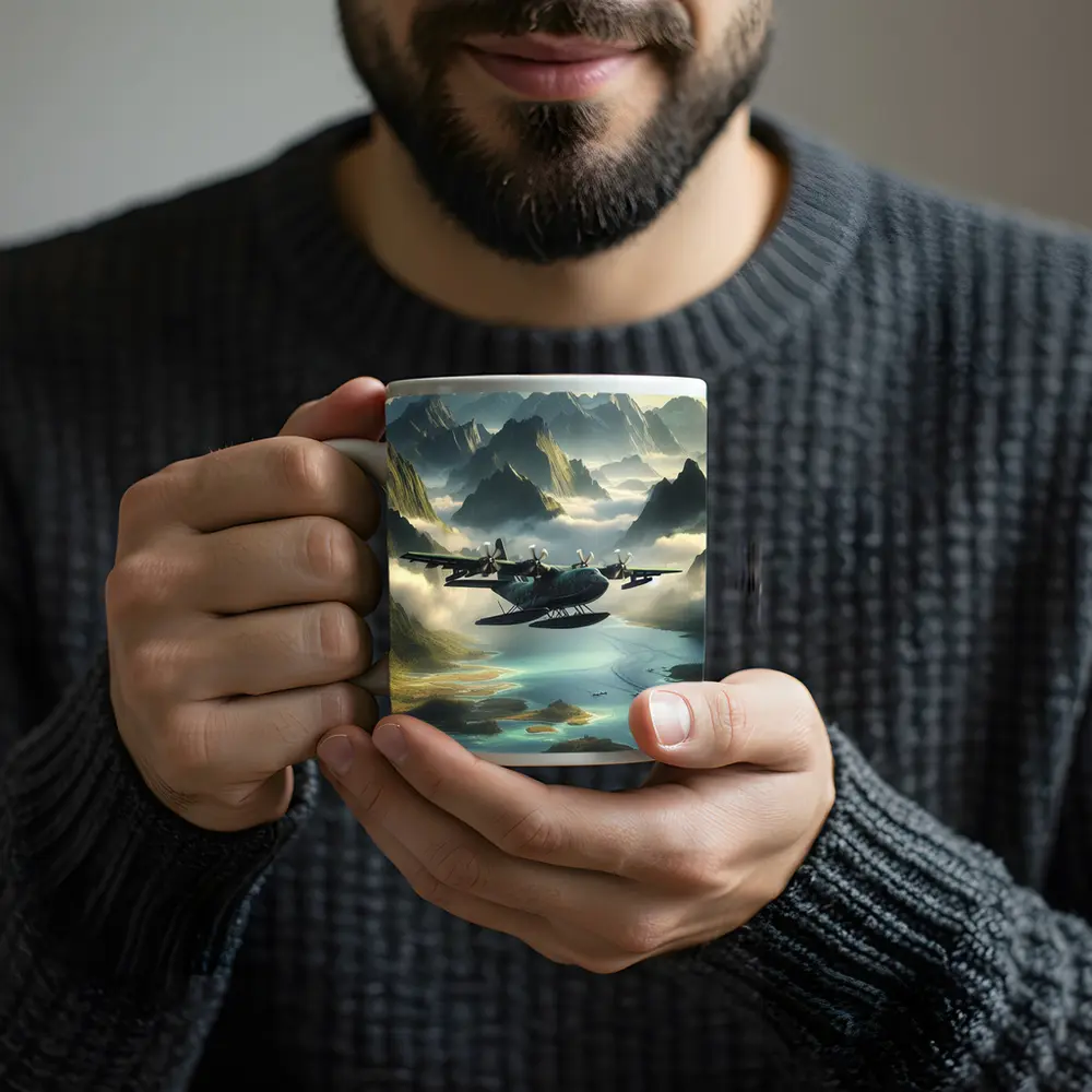 Seaplane Flying Over Misty Mountain Archipelago – Mugs