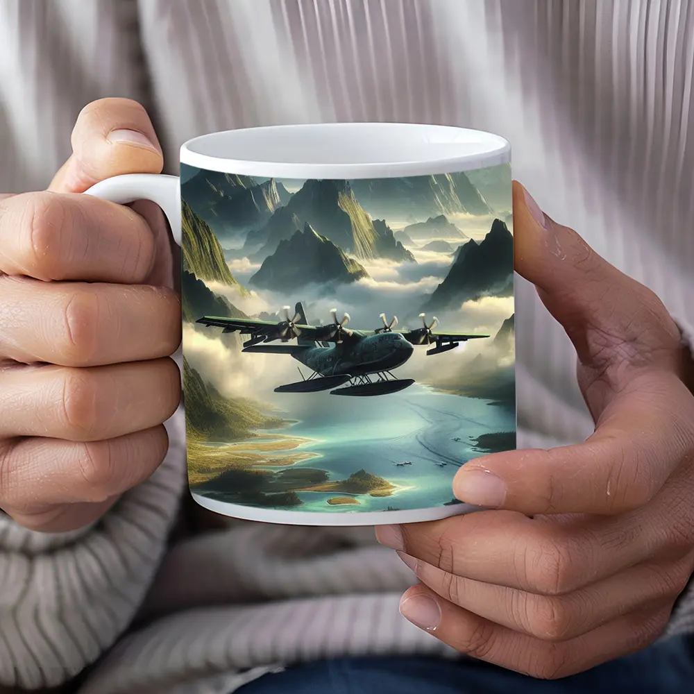 Seaplane Flying Over Misty Mountain Archipelago – Mugs