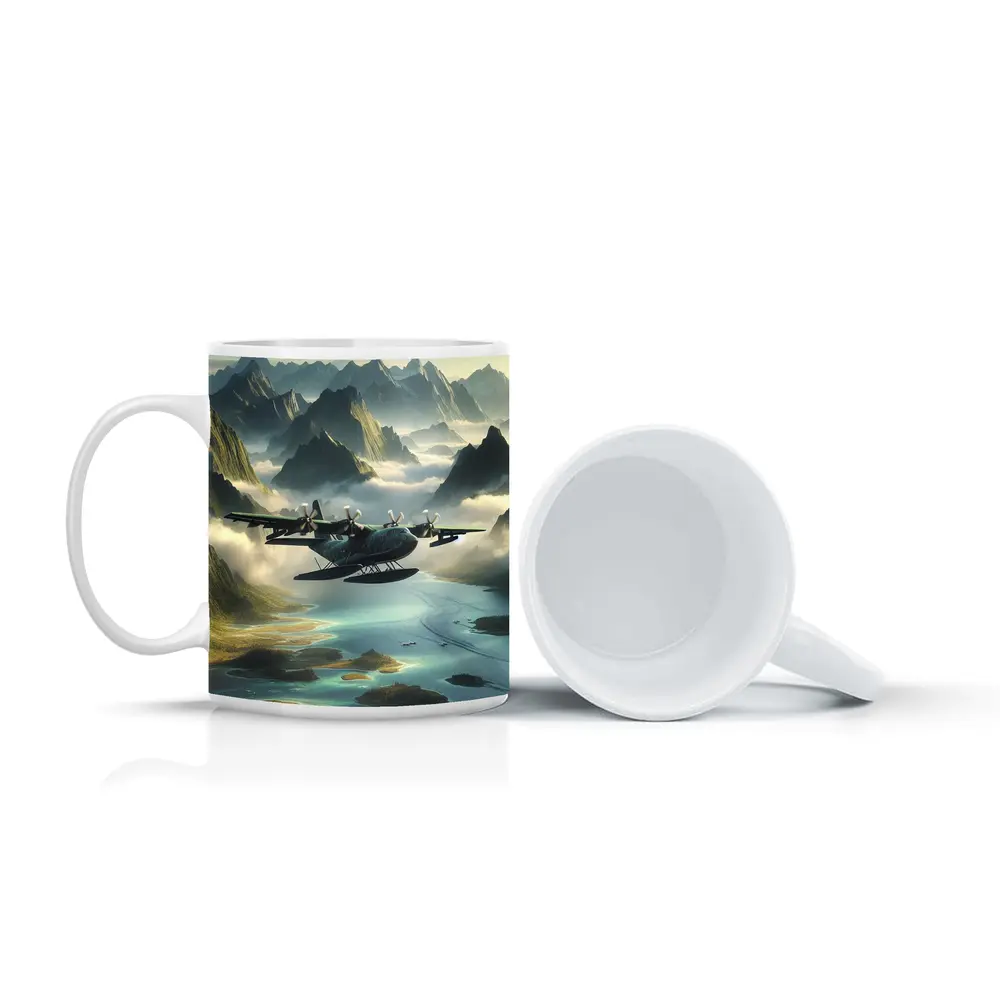 Seaplane Flying Over Misty Mountain Archipelago – Mugs