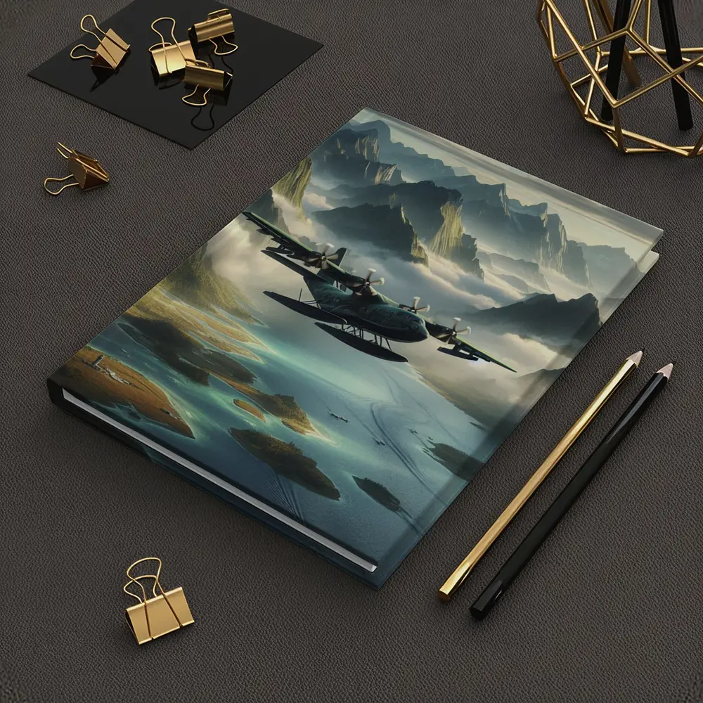Seaplane Flying Over Misty Mountain Archipelago – Notebooks