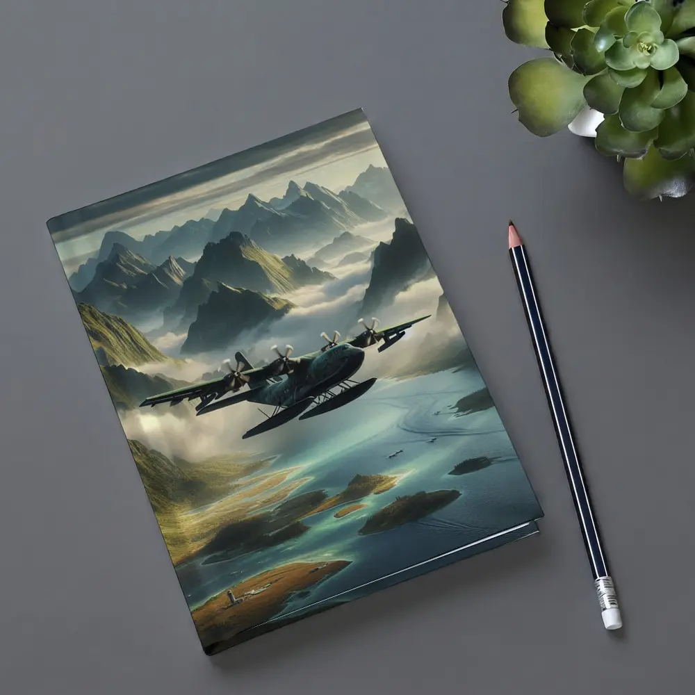 Seaplane Flying Over Misty Mountain Archipelago – Notebooks
