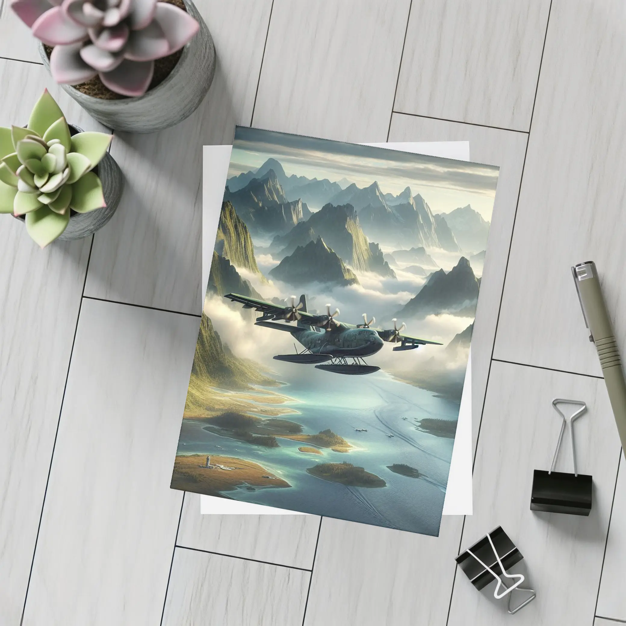 Seaplane Flying Over Misty Mountain Archipelago – Postcards