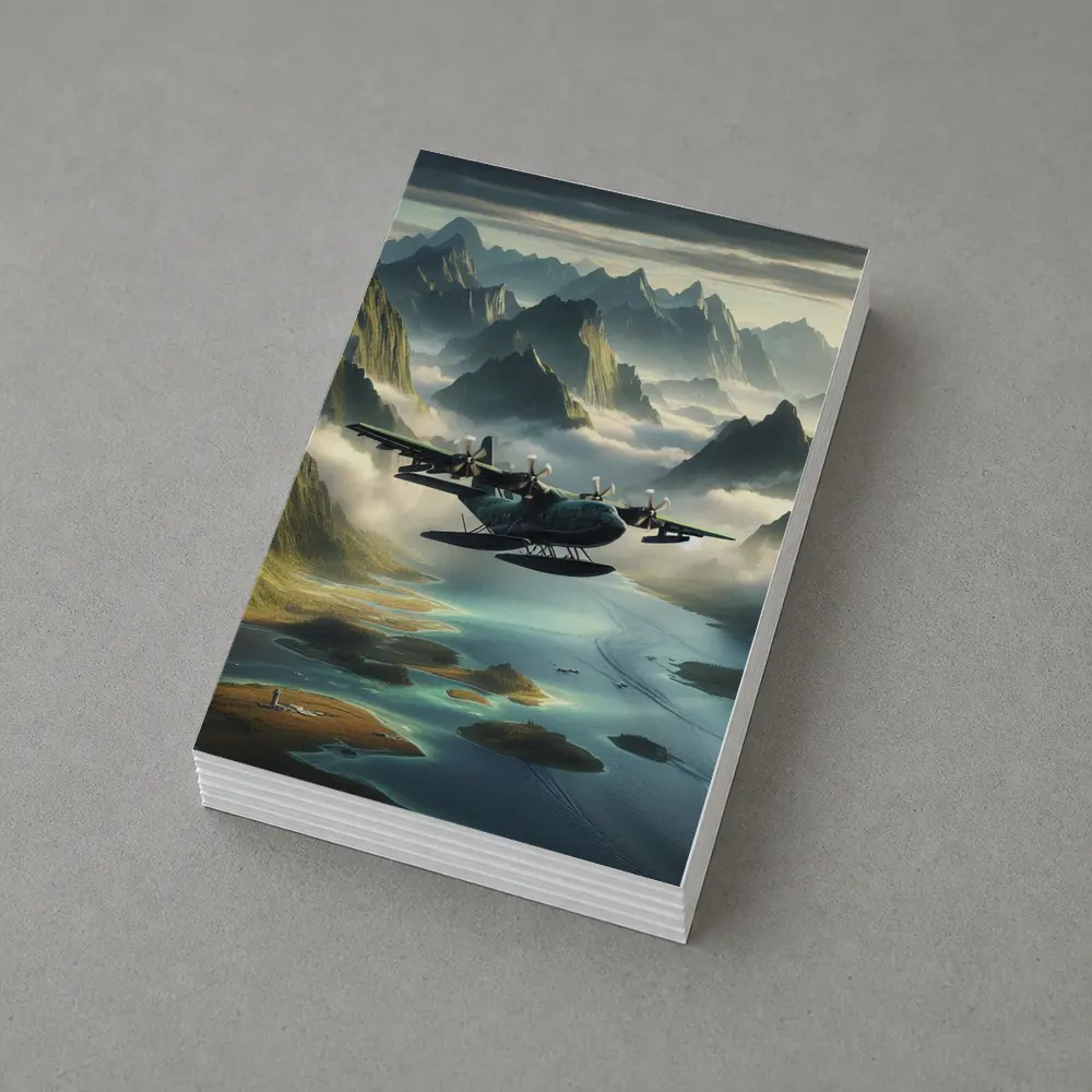 Seaplane Flying Over Misty Mountain Archipelago – Postcards