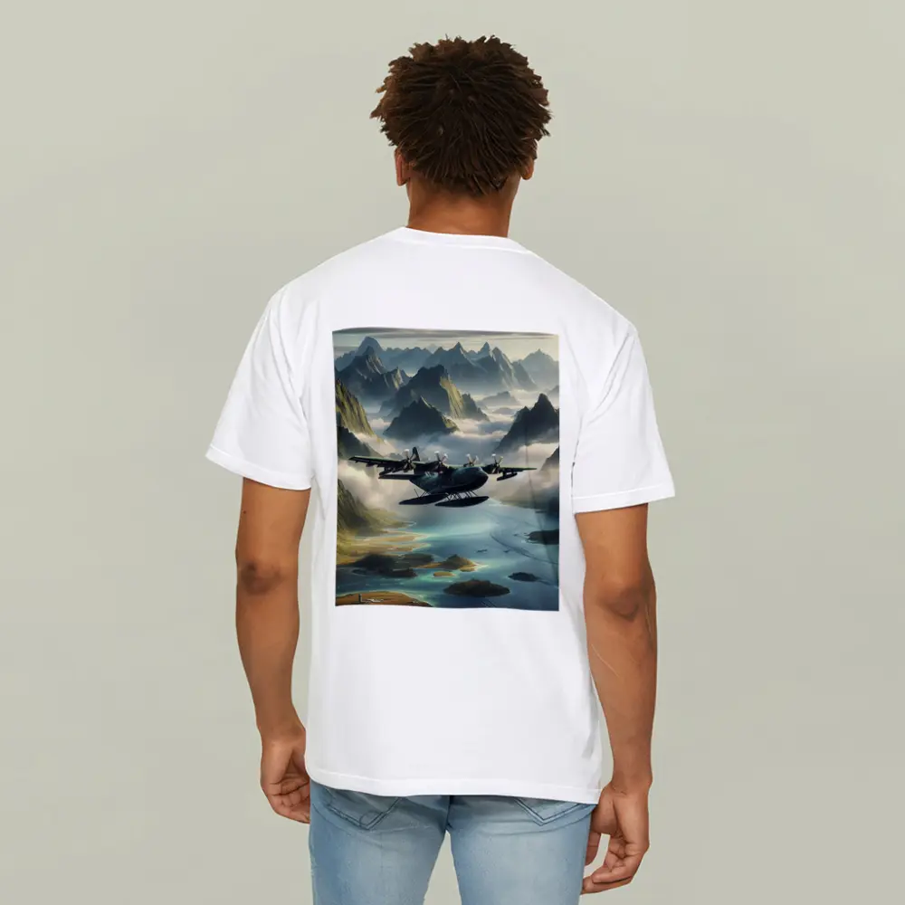 Seaplane Flying Over Misty Mountain Archipelago – T-Shirts