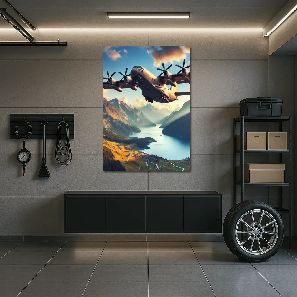 Military Cargo Plane Flying Over Mountain Lake – Wall Art