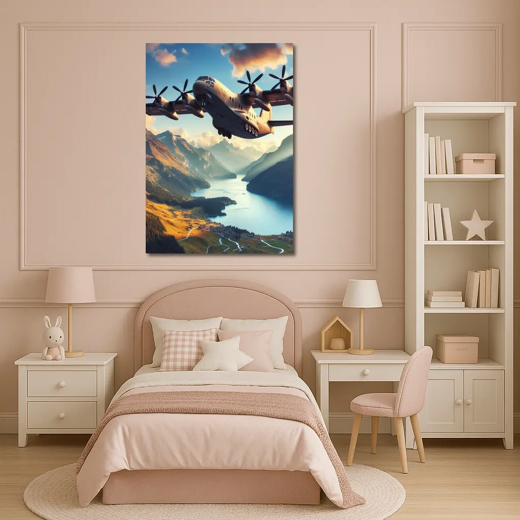 Military Cargo Plane Flying Over Mountain Lake – Wall Art