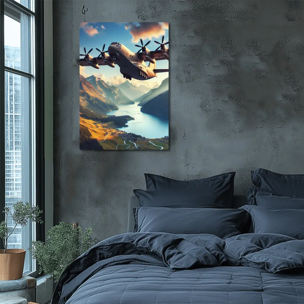 Military Cargo Plane Flying Over Mountain Lake – Wall Art
