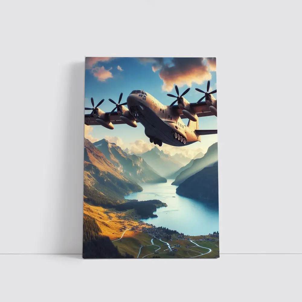 Military Cargo Plane Flying Over Mountain Lake – Wall Art