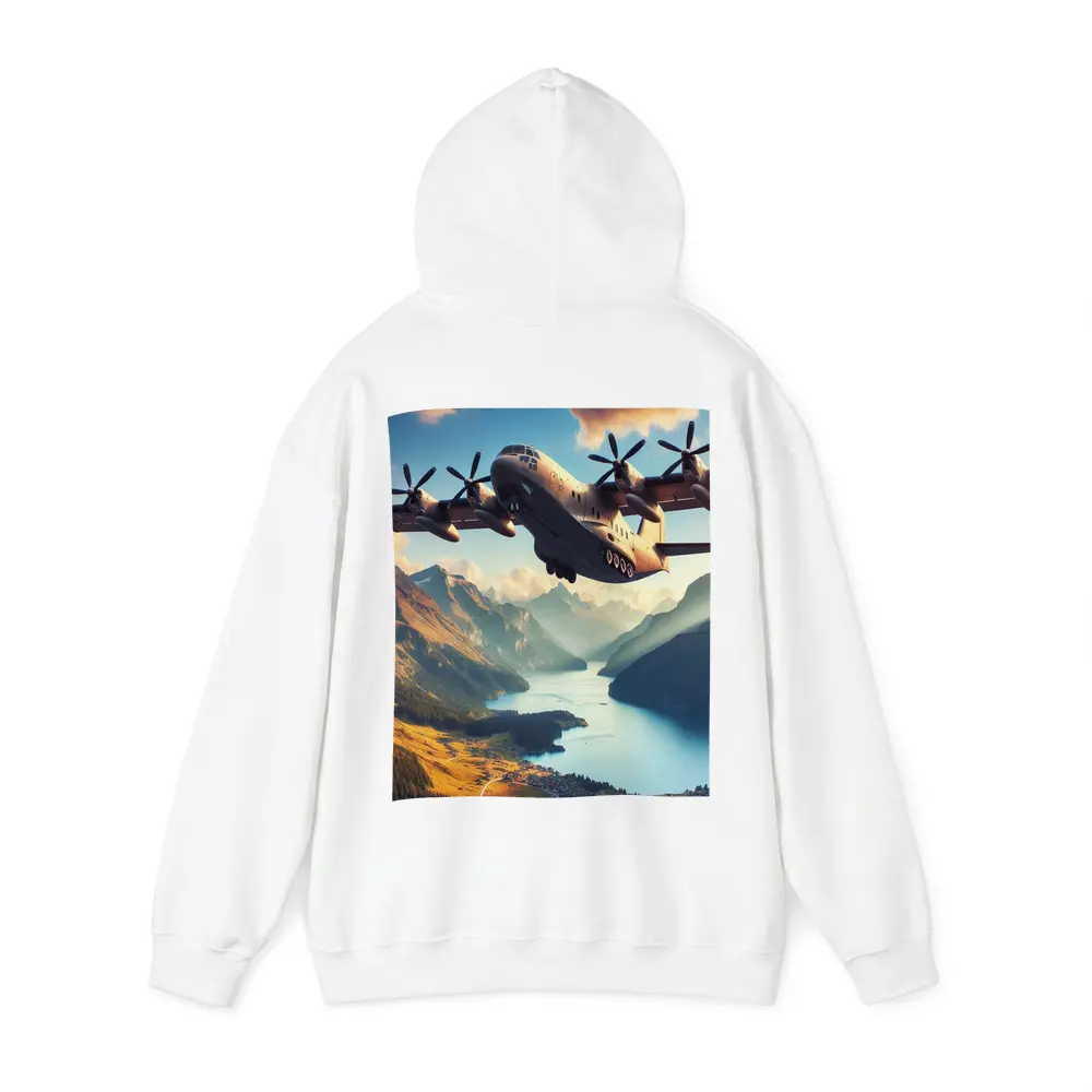 Military Cargo Plane Flying Over Mountain Lake – Hoodies
