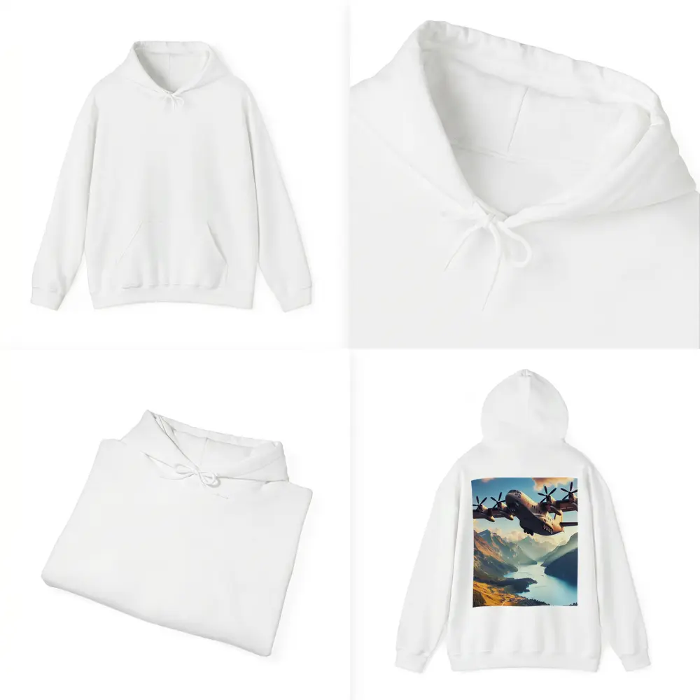 Military Cargo Plane Flying Over Mountain Lake – Hoodies