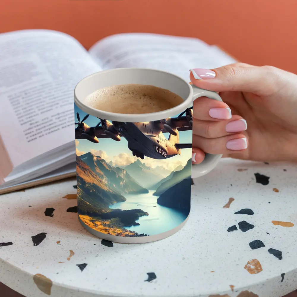 Military Cargo Plane Flying Over Mountain Lake – Mugs