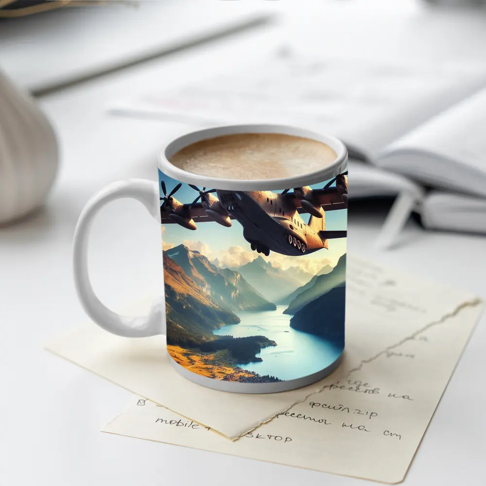 Military Cargo Plane Flying Over Mountain Lake – Mugs