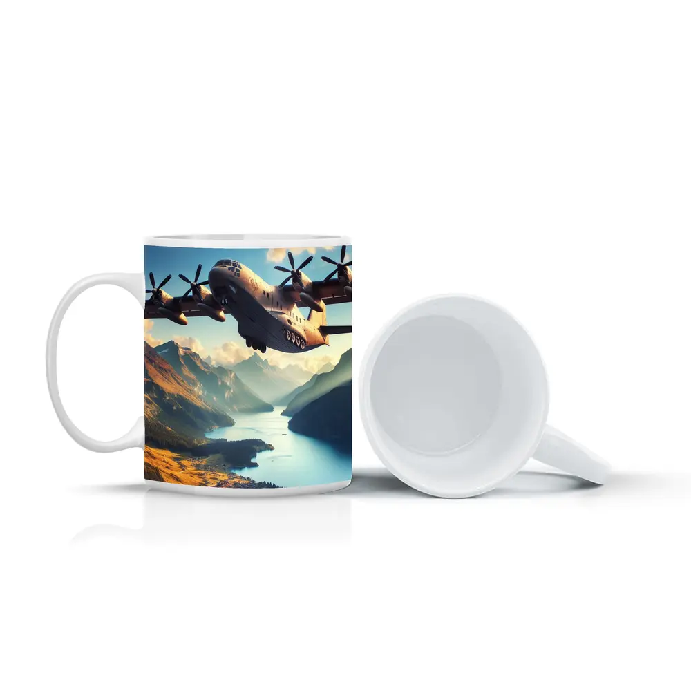 Military Cargo Plane Flying Over Mountain Lake – Mugs
