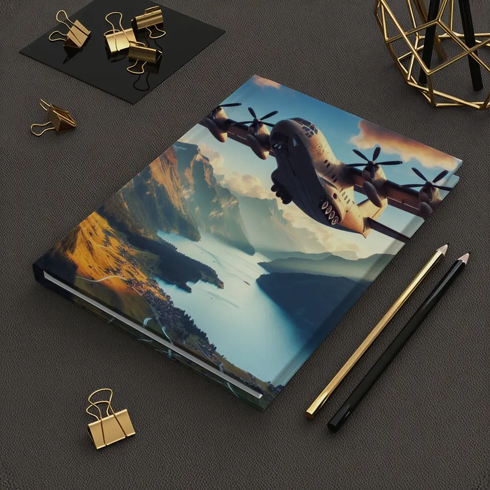 Military Cargo Plane Flying Over Mountain Lake – Notebooks