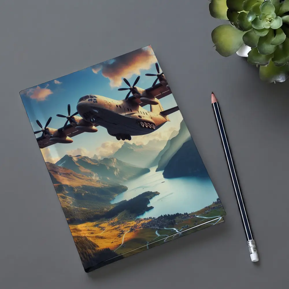 Military Cargo Plane Flying Over Mountain Lake – Notebooks