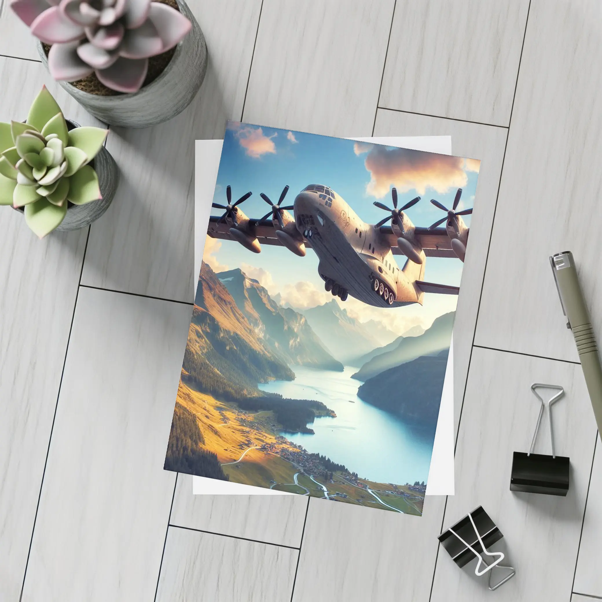 Military Cargo Plane Flying Over Mountain Lake – Postcards