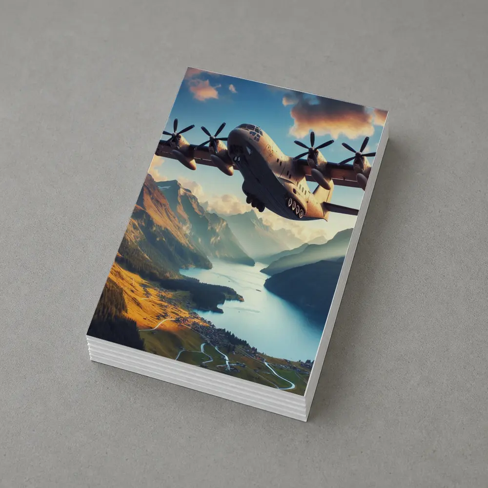 Military Cargo Plane Flying Over Mountain Lake – Postcards