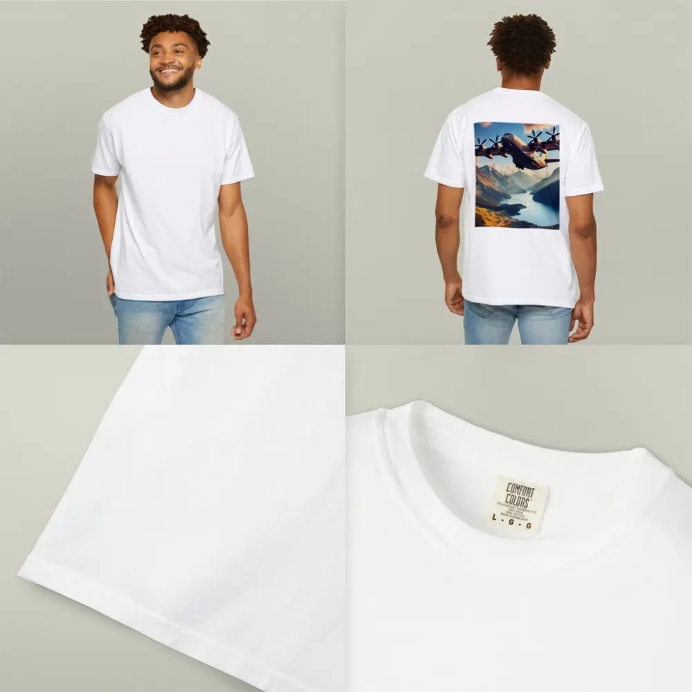 Military Cargo Plane Flying Over Mountain Lake – T-Shirts